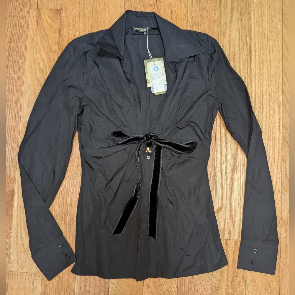 Roberto Cavalli Black Blouse with Velvet Bow
